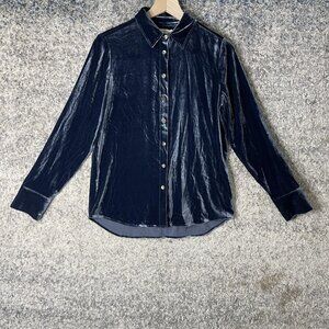 Faherty Shirt Womens XS Navy Blue Velvet Button Down Long Sleeve Silk Blend Top
